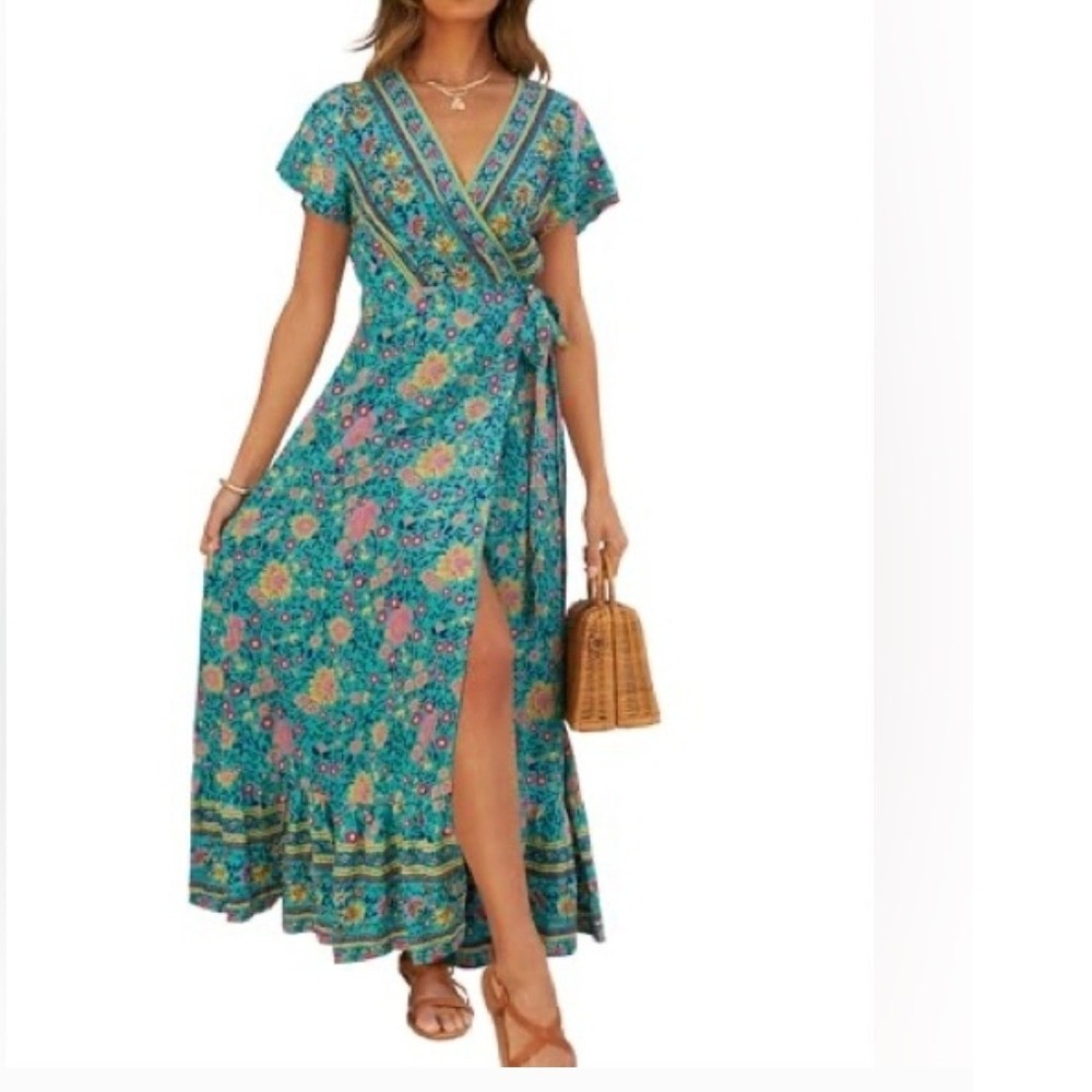 Boho Floral Wrap Maxi Dress Teal Blue Flutter Sleeve High Low Ruffle Hem S beach